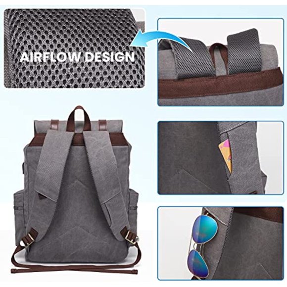 Mens Canvas Vintage Backpack for Men, Travel Laptop Backpack Fits 17/15.6 Inch - Picture 6 of 11